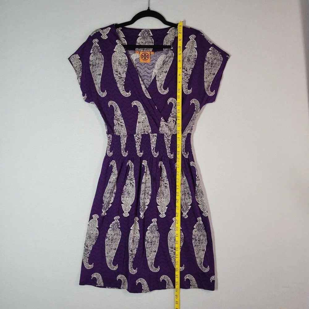 Tory Burch Purple Silk Paisley Smocked Waist V-Neck Dress Size S‎ Garden Party